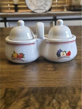 Vintage Smuckers Jam Jelly Double Condiment White Server JM Smucker Co No Spoons